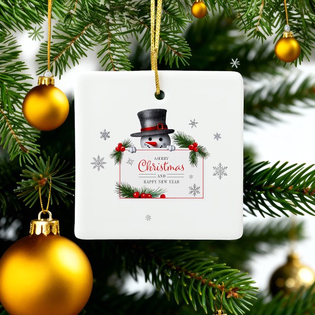 Cheerful Snowman Christmas New Year Greetings Ceramic Ornament (Creator Uploaded)