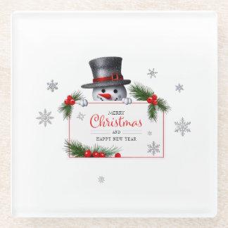 Cheerful Snowman Christmas New Year Greetings Glass Coaster