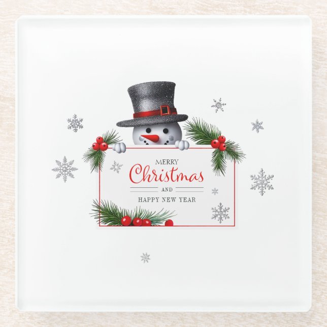 Cheerful Snowman Christmas New Year Greetings Glass Coaster (Front)