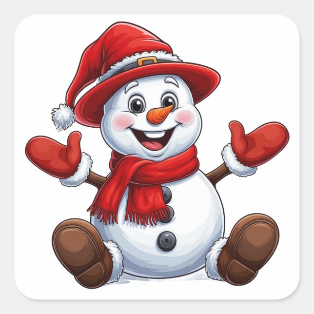 Cheerful Snowman Dressed In Red With Hat Square Sticker (Front)