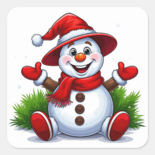 Cheerful Snowman Dressed In Red With Hat Square Sticker