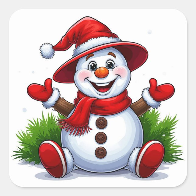 Cheerful Snowman Dressed In Red With Hat Square Sticker (Front)