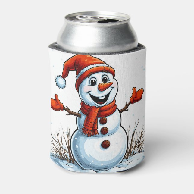 Cheerful Snowman Dressed in Winter Hat Can Cooler (Can Back)