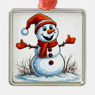 Cheerful Snowman Dressed in Winter Hat Metal Tree Decoration
