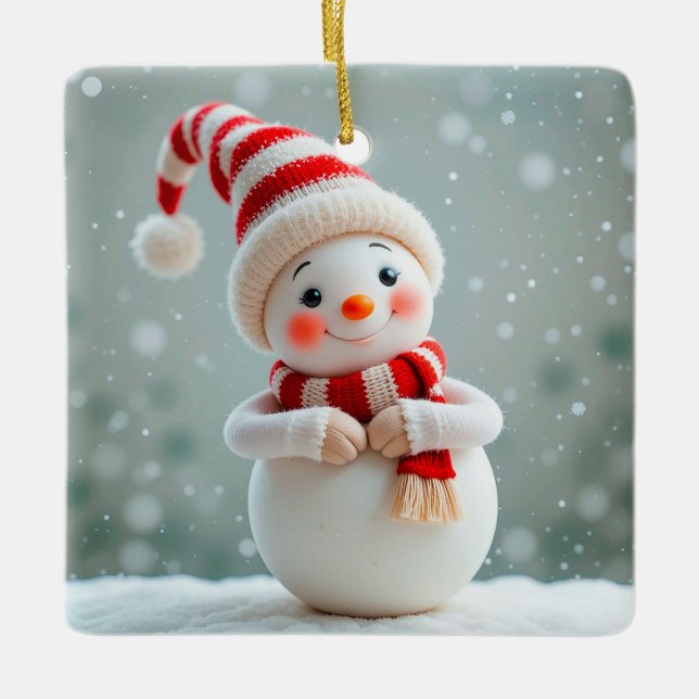 Cheerful Snowman Figurine with Holiday Hat Ceramic Ornament (Front)