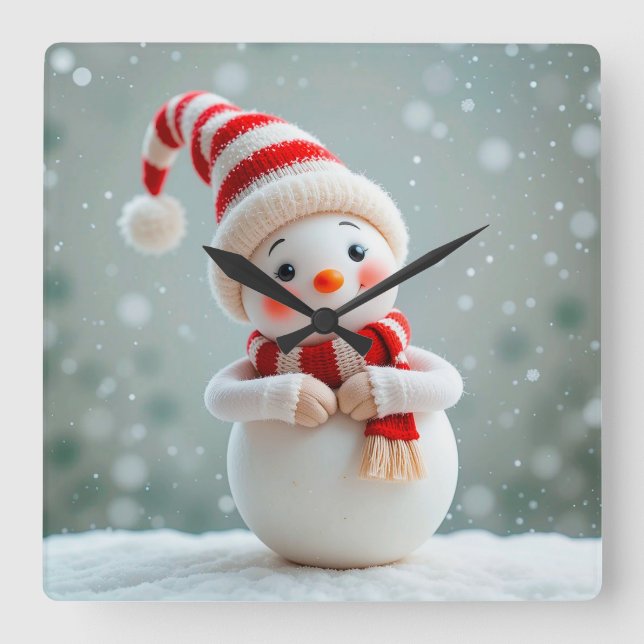 Cheerful Snowman Figurine with Holiday Hat Square Wall Clock (Front)