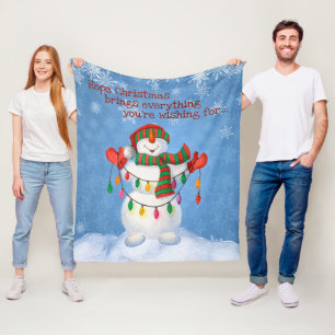 Cheerful Snowman Holding Lights on Snowflake Fleece Blanket