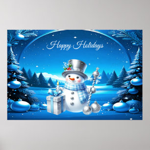 Cheerful Snowman in a Snowy Forest Poster
