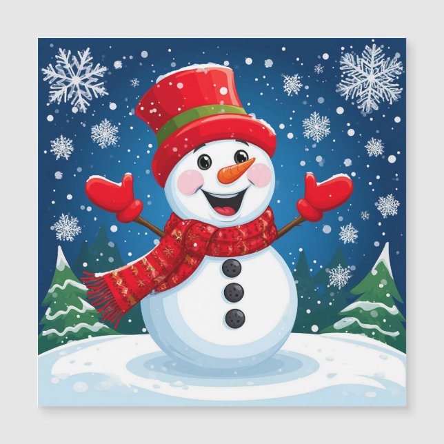 Cheerful Snowman in Red Scarf and Hat (Front)