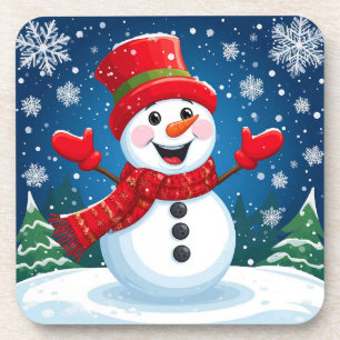 Cheerful Snowman in Red Scarf and Hat Coaster