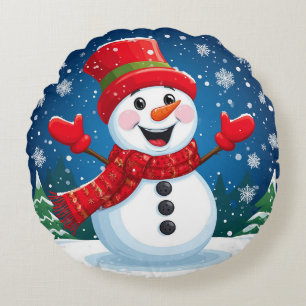 Cheerful Snowman in Red Scarf and Hat Round Cushion