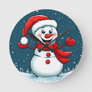 Cheerful Snowman in Santa Hat with Scarf Round Clock