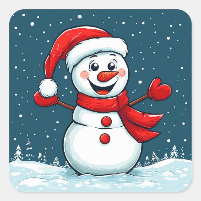 Cheerful Snowman in Santa Hat with Scarf Square Sticker (Front)