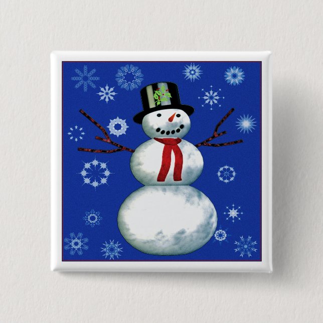 cheerful snowman in top hat 15 cm square badge (Front)