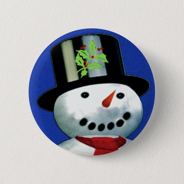 cheerful snowman in top hat 6 cm round badge (Front)