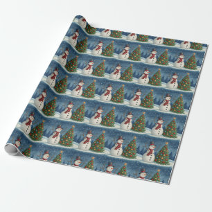 Cheerful Snowman in Top Hat with Christmas Tree Wrapping Paper