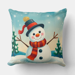 Cheerful Snowman in Winter Landscape Cushion