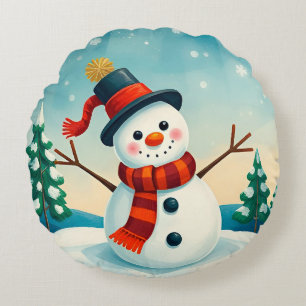Cheerful Snowman in Winter Landscape Round Cushion