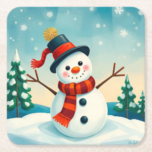 Cheerful Snowman in Winter Landscape Square Paper Coaster