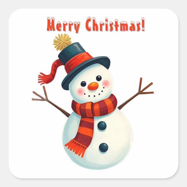 Cheerful Snowman in Winter Landscape Square Sticker (Front)