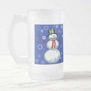 cheerful snowman on blue with snowflakes frosted glass beer mug
