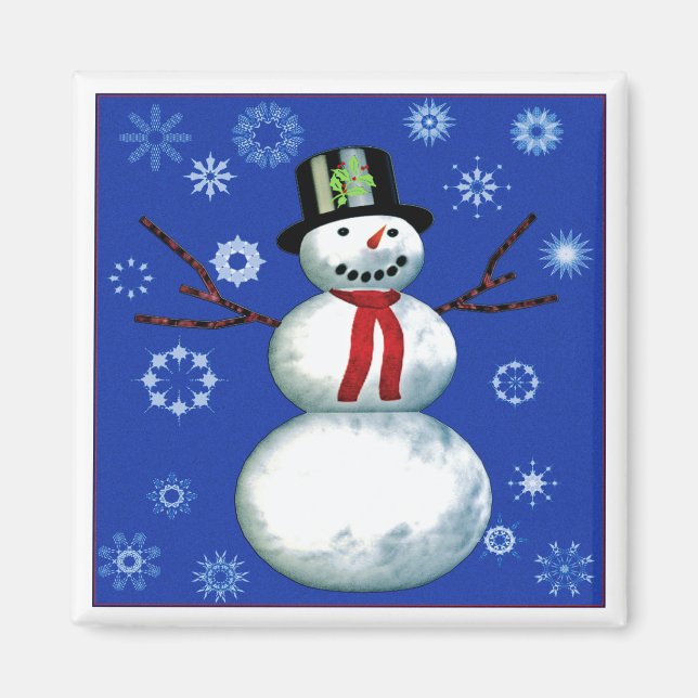 cheerful snowman on blue with snowflakes magnet (Front)
