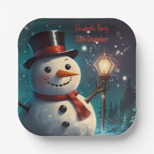Cheerful Snowman Party Invitation - Festive Card. Paper Plate
