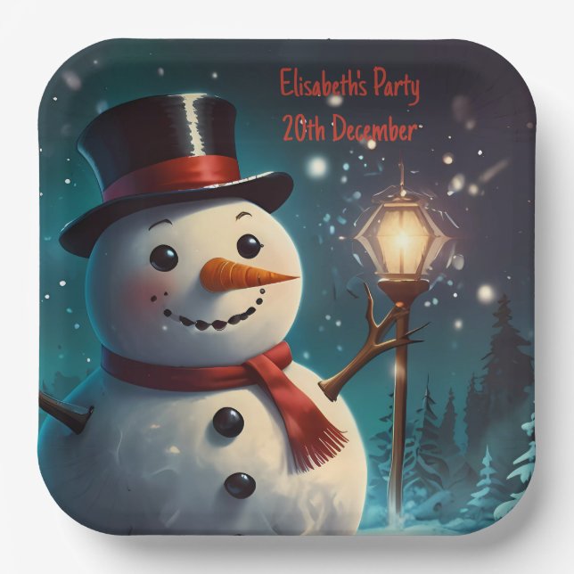Cheerful Snowman Party Invitation  - Festive Card. Paper Plate (Front)