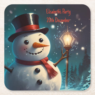 Cheerful Snowman Party Invitation - Festive Card. Square Paper Coaster