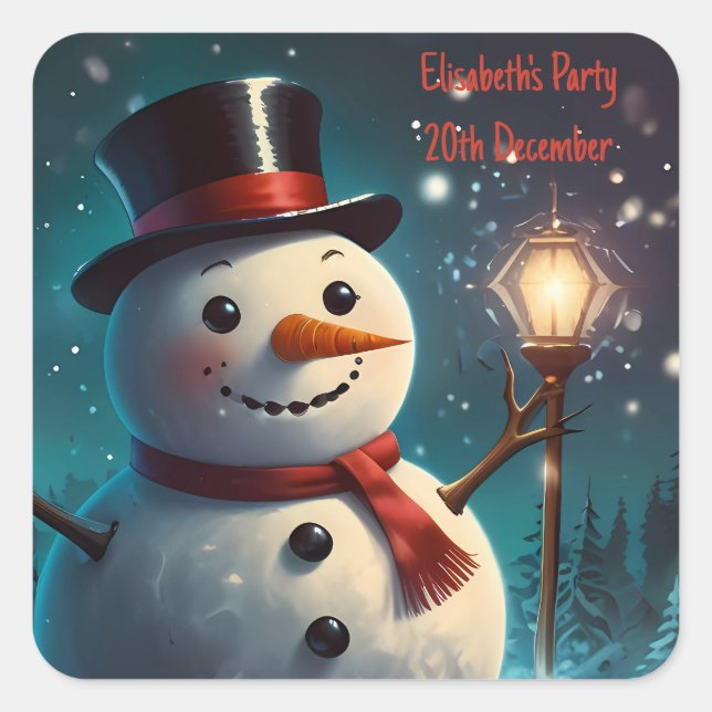 Cheerful Snowman Party Invitation  - Festive Card. Square Sticker (Front)