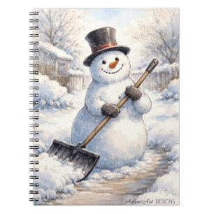 Cheerful Snowman Shoveling Snow Winter Watercolor Notebook