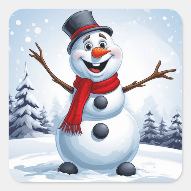 Cheerful Snowman Square Sticker (Front)