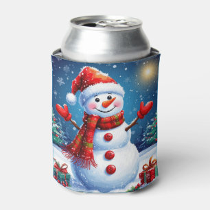 Cheerful Snowman Wearing a Santa Hat Can Cooler