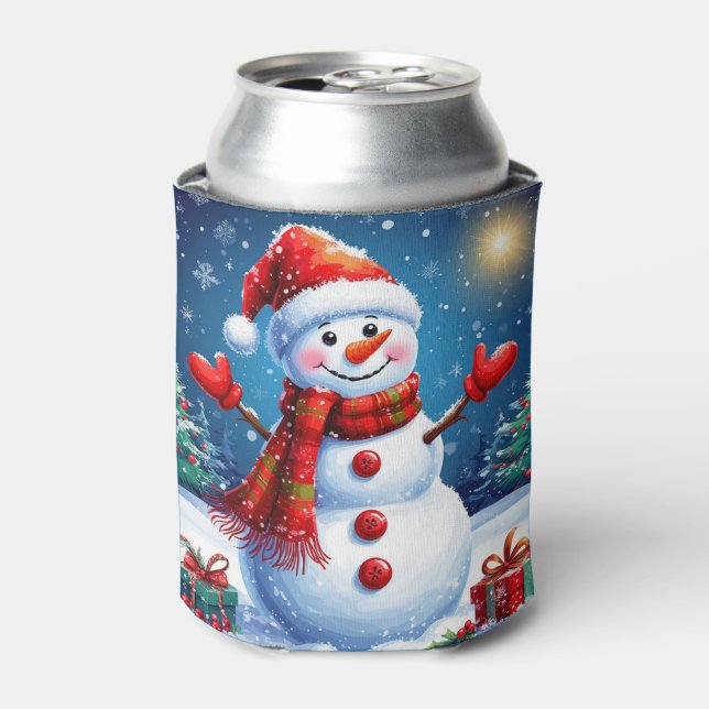 Cheerful Snowman Wearing a Santa Hat Can Cooler (Can Front)