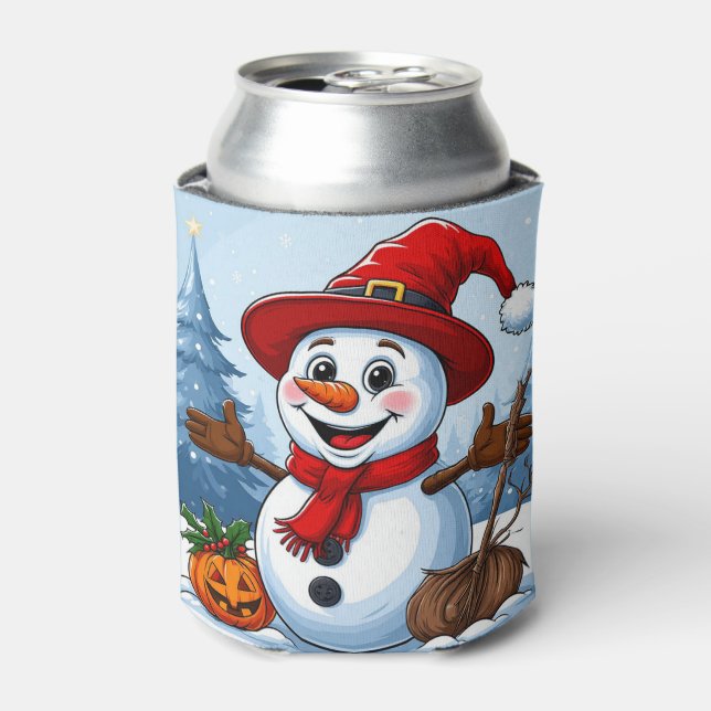 Cheerful Snowman Wearing a Santa Hat Can Cooler (Can Front)