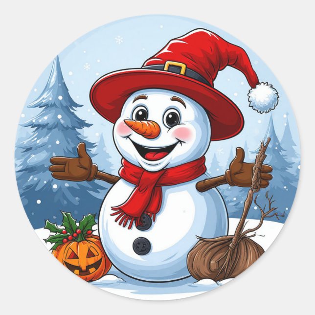 Cheerful Snowman Wearing a Santa Hat Classic Round Sticker (Front)
