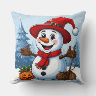 Cheerful Snowman Wearing a Santa Hat Cushion