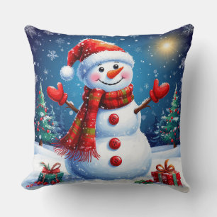 Cheerful Snowman Wearing a Santa Hat Cushion
