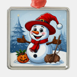 Cheerful Snowman Wearing a Santa Hat Metal Tree Decoration