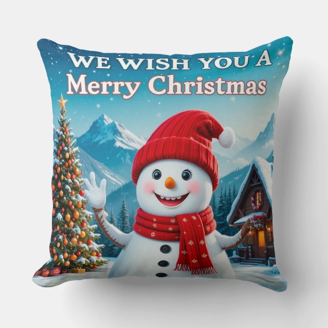 Cheerful Snowman Wishing a Merry Christmas Cushion (Front)