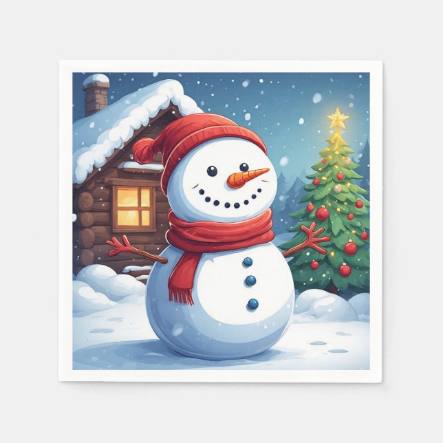 Cheerful Snowman with Christmas Tree Napkin (Front)