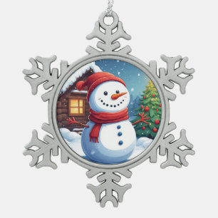Cheerful Snowman with Christmas Tree Snowflake Pewter Christmas Ornament