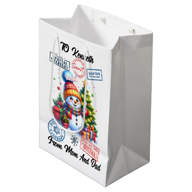 Cheerful Snowman With Gifts and Holiday Stickers Medium Gift Bag (Front Angled)
