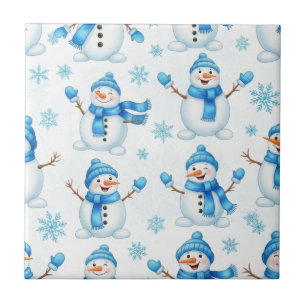 Cheerful Snowmen and Blue Snowflakes – Winter Tile