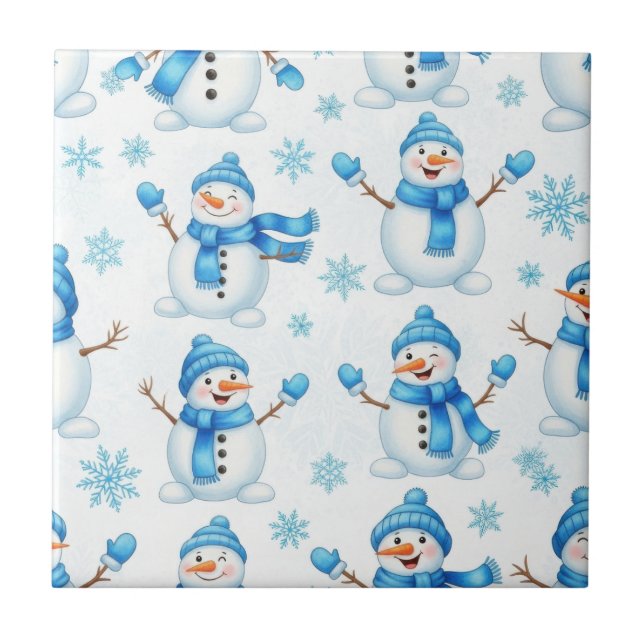 Cheerful Snowmen and Blue Snowflakes – Winter Tile (Front)