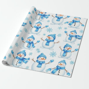 Cheerful Snowmen and Blue Snowflakes – Winter Wrapping Paper