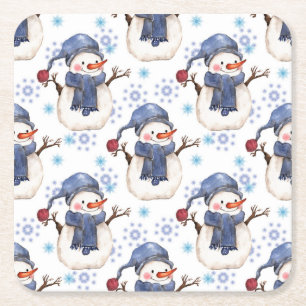 Cheerful snowmen with blue hats square paper coaster