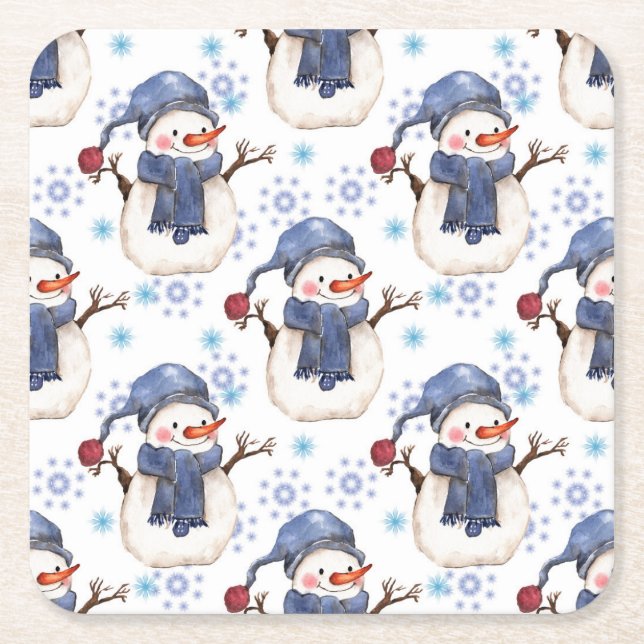 Cheerful snowmen with blue hats square paper coaster (Front)
