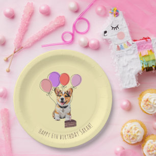 Cheerful Soft Butter Yellow Sweet Corgi Birthday Paper Plate