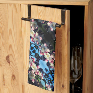 Cheerful Spring Crabapple Flower Blossoms Pattern  Tea Towel